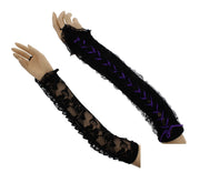 Black Long Floral Print Lace Gloves with Coloured Ribbon