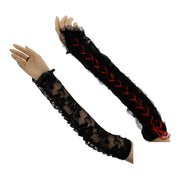 Black Long Floral Print Lace Gloves with Coloured Ribbon