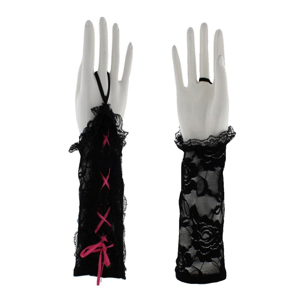 Black Short Floral Print Lace Gloves with Coloured Ribbon