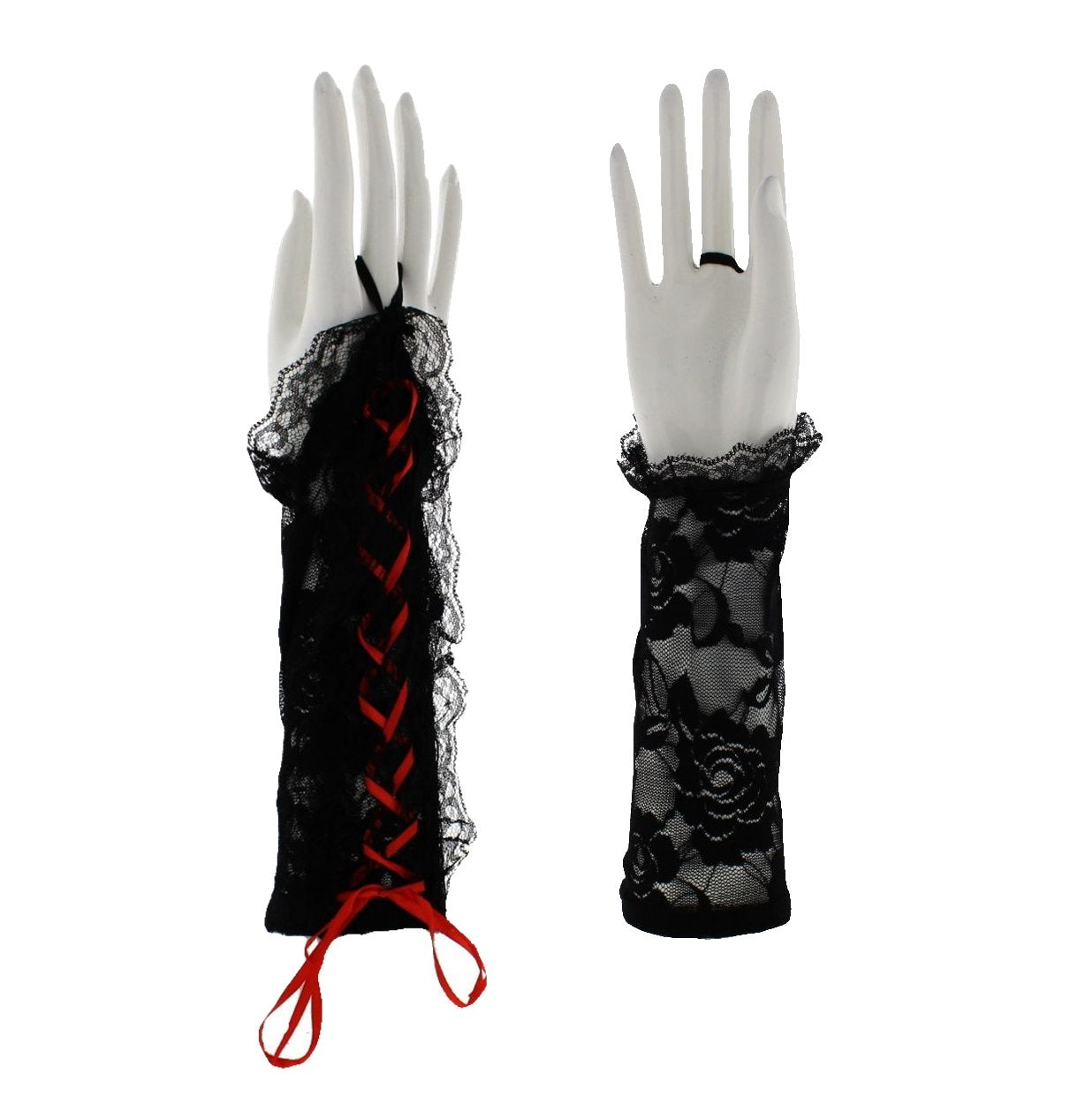 Black Short Floral Print Lace Gloves with Coloured Ribbon