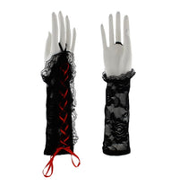 Black Short Floral Print Lace Gloves with Coloured Ribbon