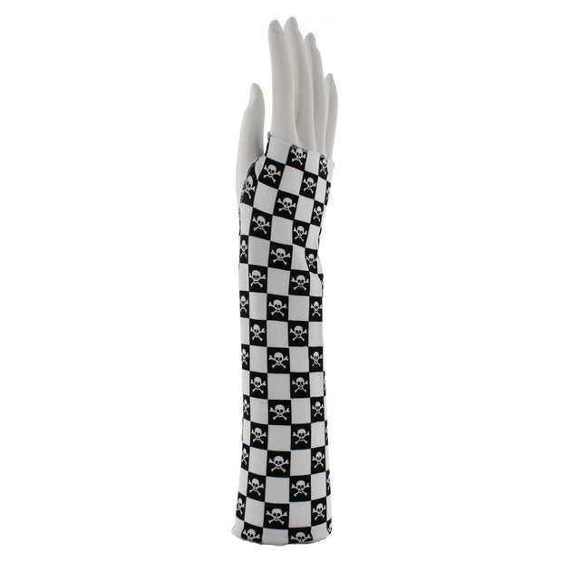 Checkered Long Fingerless Gloves with Skull & Crossbones