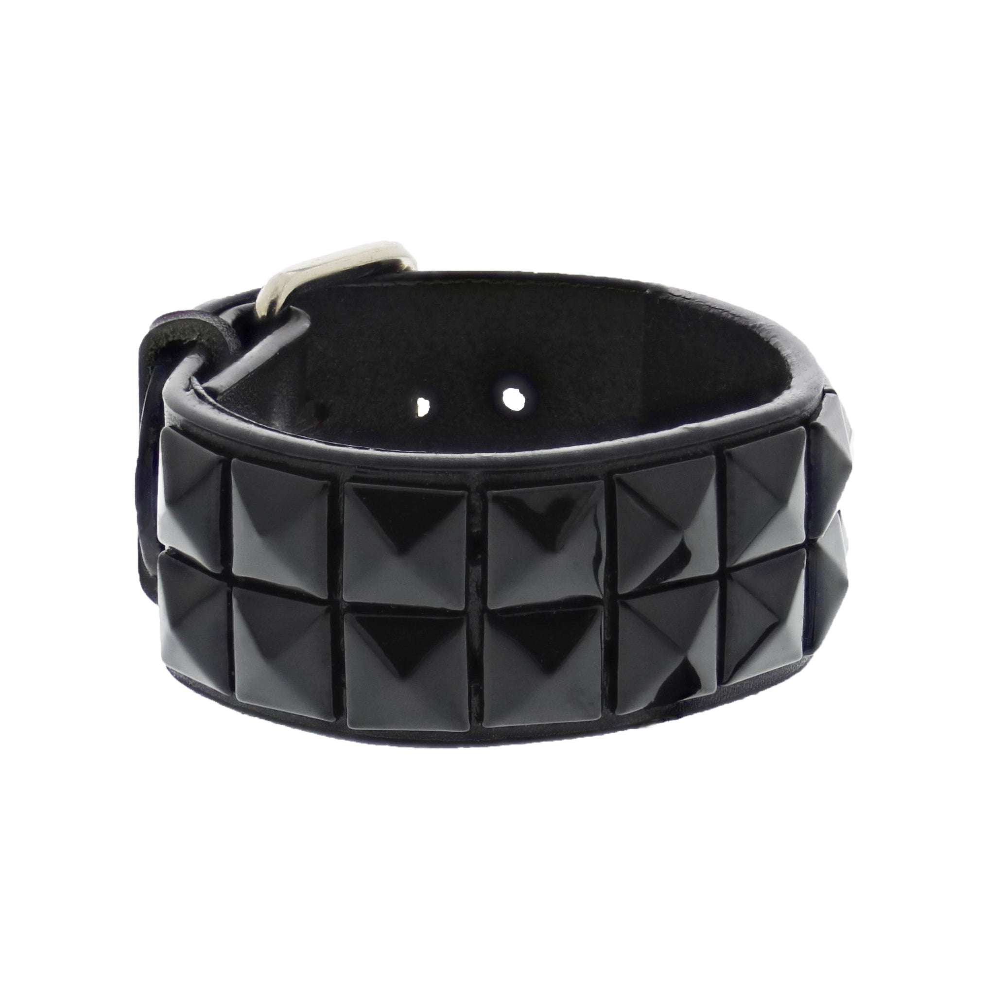 Black 2-Row Pyramid Studded PU Bracelet with Buckle