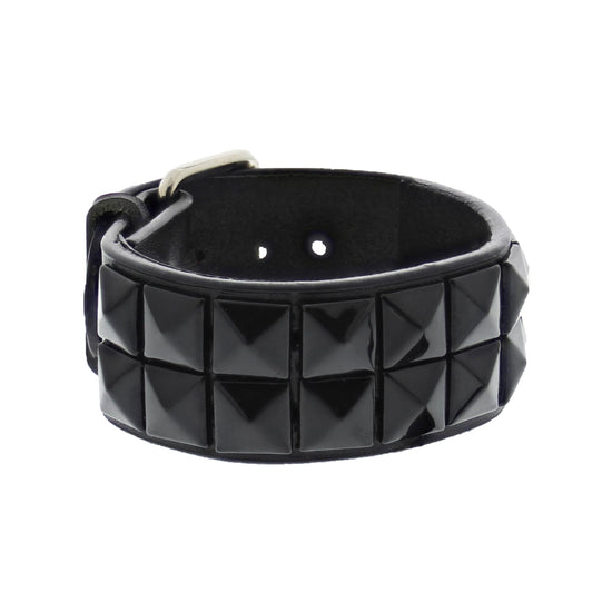 Black 2-Row Pyramid Studded PU Bracelet with Buckle