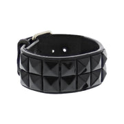Black on Black 2-Row Pyramid Studded PU Bracelet with Buckle