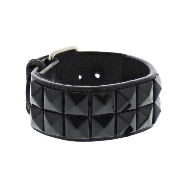 Black on Black 2-Row Pyramid Studded PU Bracelet with Buckle