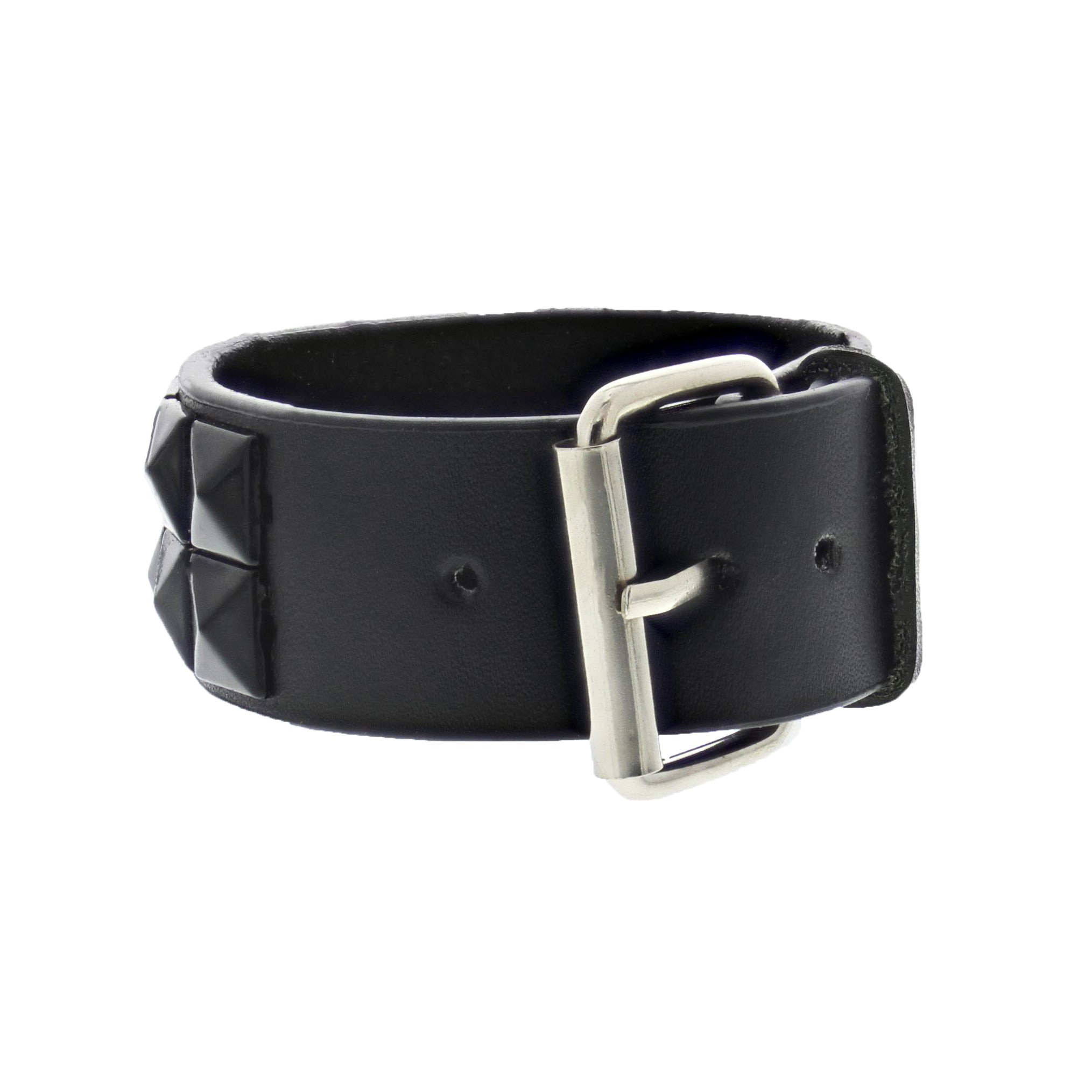 Black 2-Row Pyramid Studded PU Bracelet with Buckle