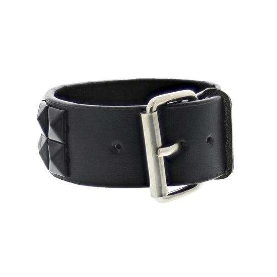 Black 2-Row Pyramid Studded PU Bracelet with Buckle