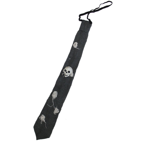 Large Plastic Skull &amp; Cobwebs on Creepy Grey Cloth Halloween Tie