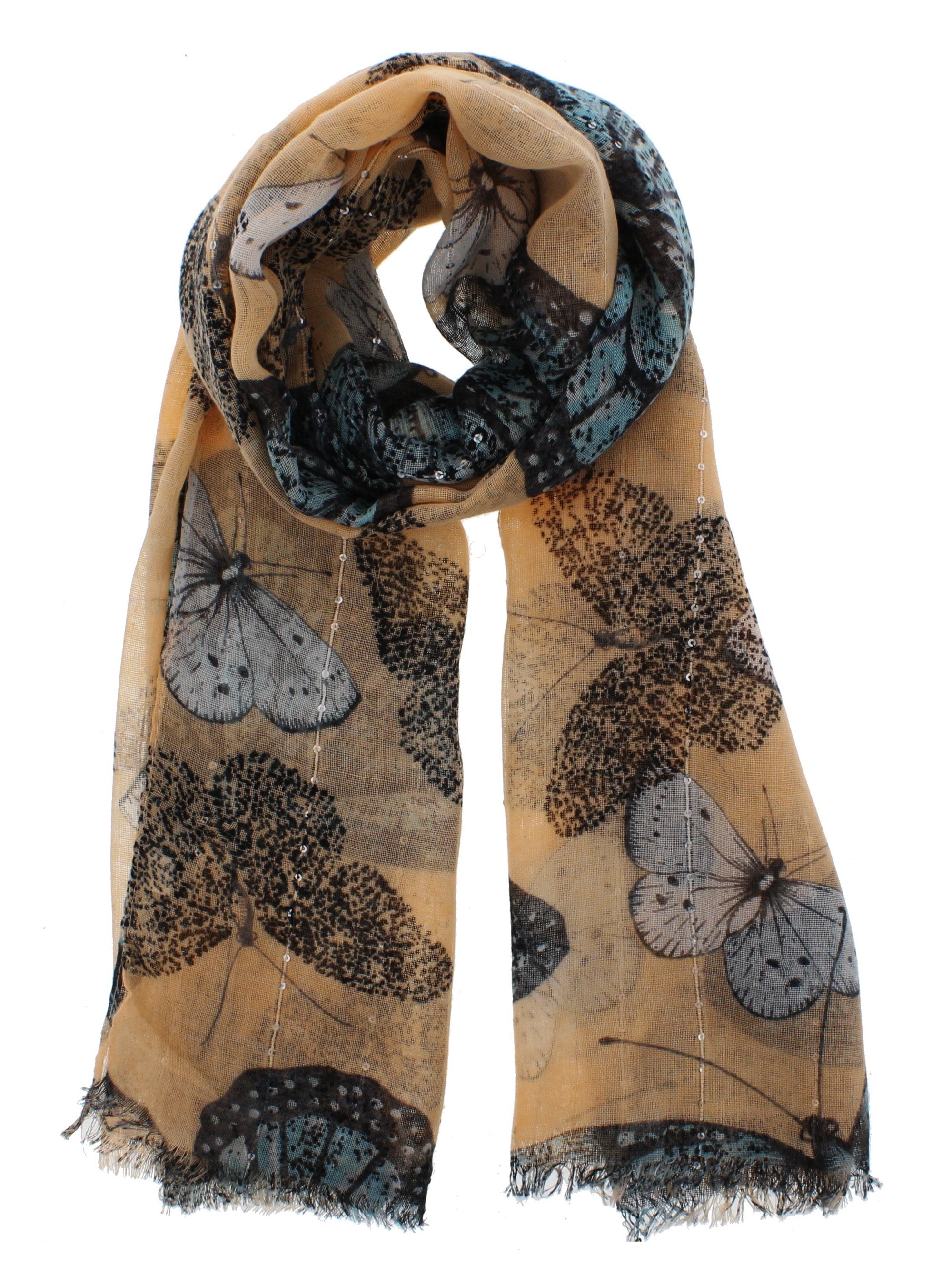 Large Butterfly Printed Scarf with Sequin Trail