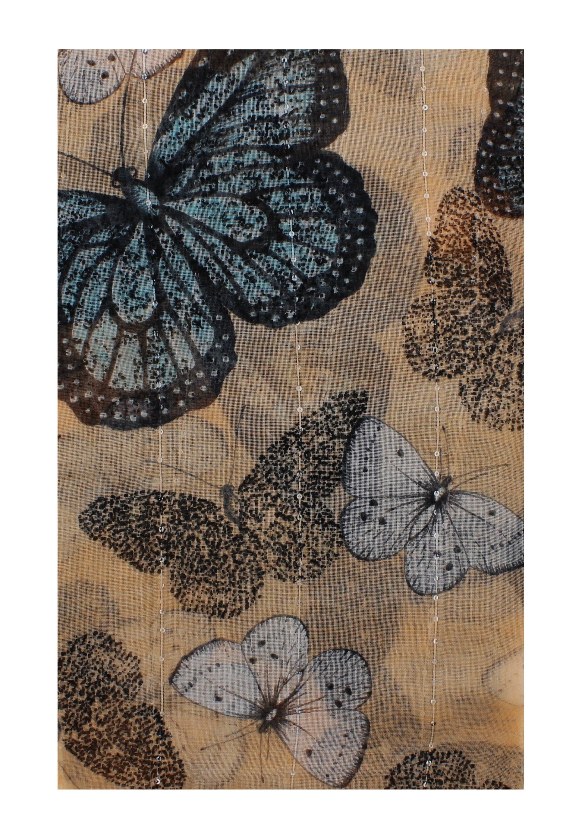 Large Butterfly Printed Scarf with Sequin Trail