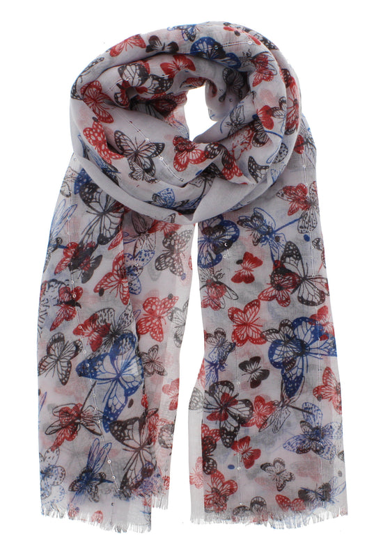 White Butterfly Printed Scarf with Sequin Trail