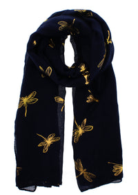 Large Gold Foil Dragonfly Printed Scarves