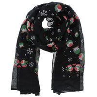 Robins, Stars & Snowflakes Black Printed Scarf
