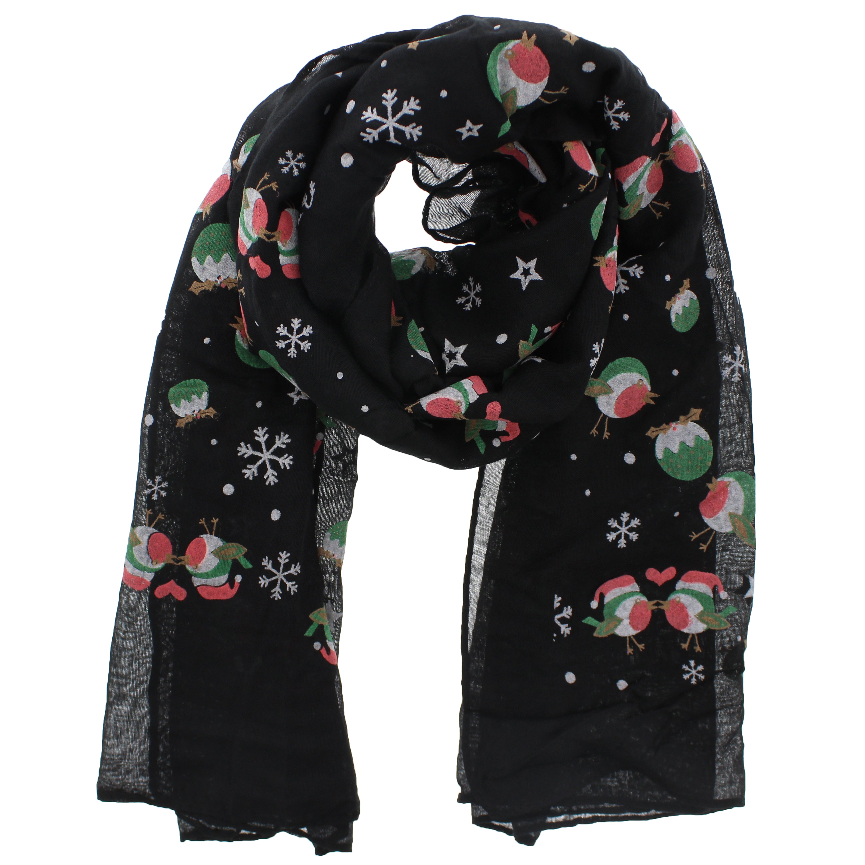 Robins, Stars & Snowflakes Black Printed Scarf