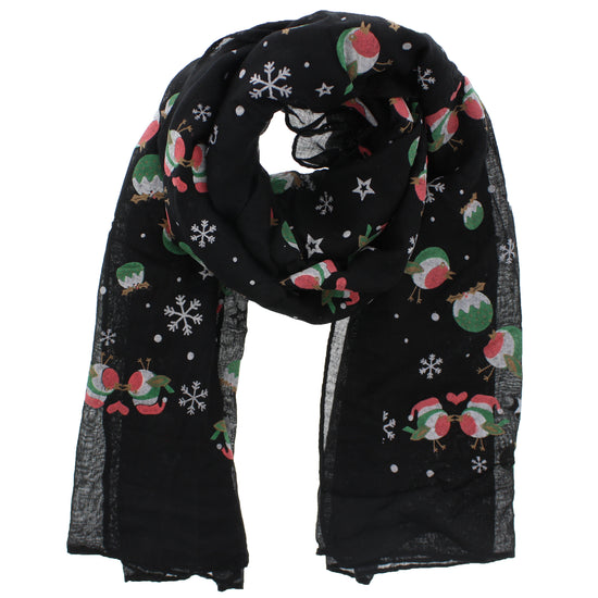 Robins, Stars & Snowflakes Black Printed Scarf