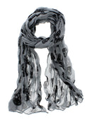 A black and gray scarf with a skull print, displayed on a plain background.