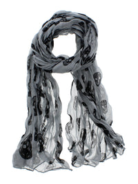 A black and gray scarf with a skull print, displayed on a plain background.