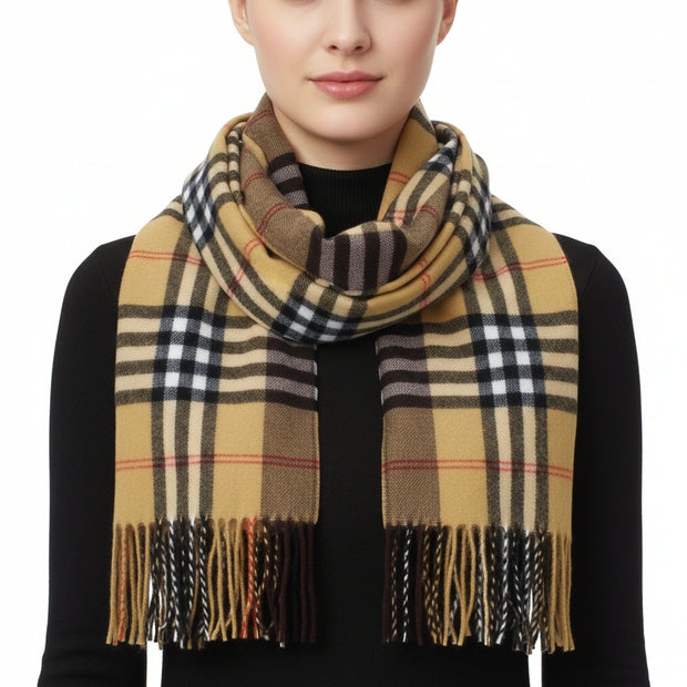 A checkered beige and black scarf with fringed ends.
