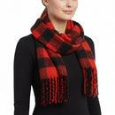 A red and black checkered fluffy thick winter scarf with fringes.