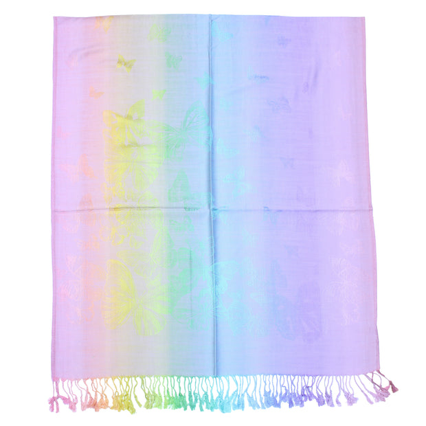 Pastel Rainbow Butterfly Print Pashmina with Tassels