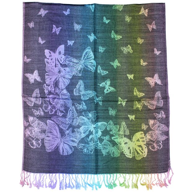 Rainbow Stripe Butterfly Print Pashmina with Tassels