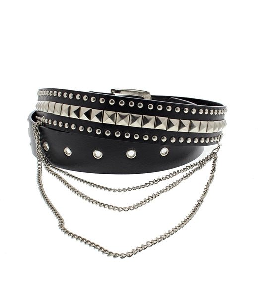 Pyramid & Conical Studded Black PU Belt with Hanging Chain