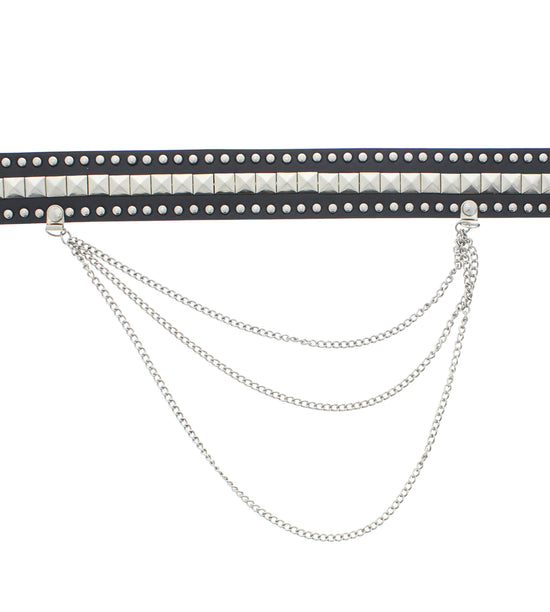 Pyramid & Conical Studded Black PU Belt with Hanging Chain