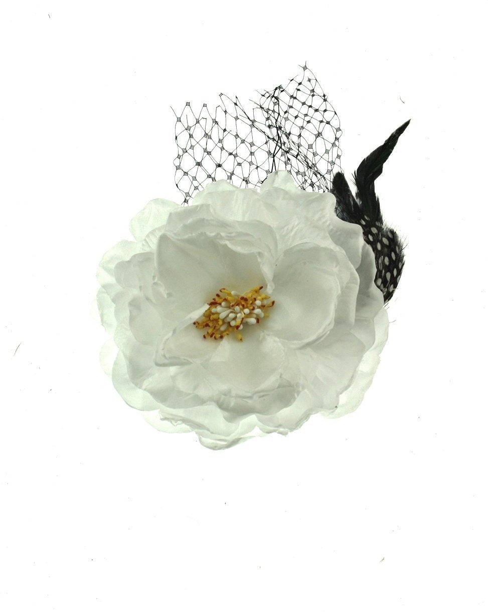 Large Buttercups Hair Flower with Feather & Net on Clip