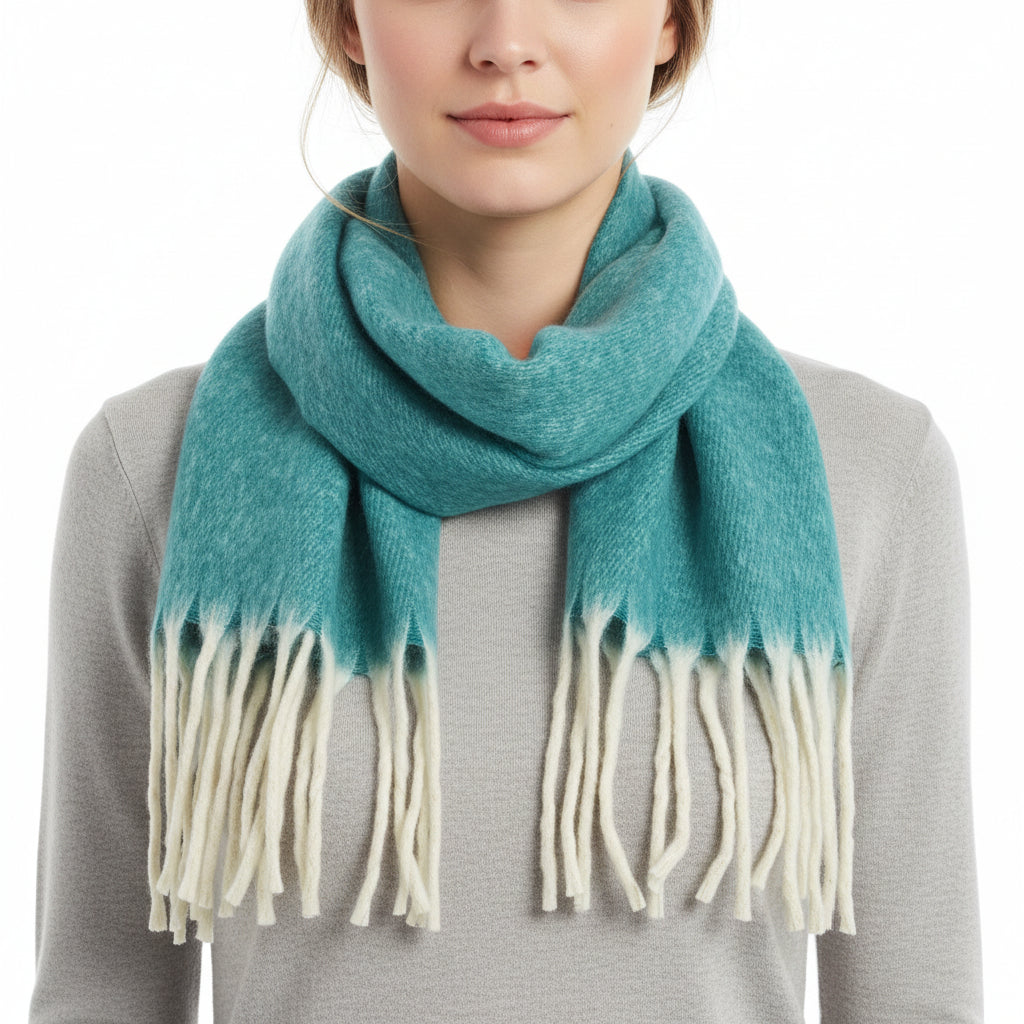 A turquoise blue winter scarf with white lining, displayed in a swirl shape, with fringes at the ends.