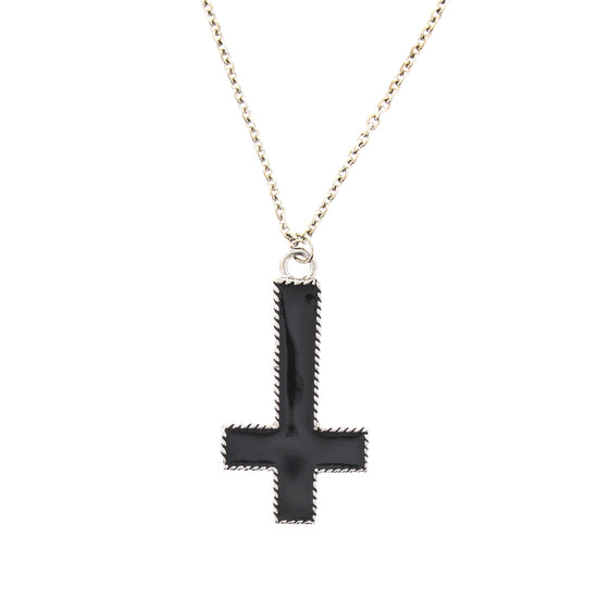 Upside Down Black Cross on Silver Chain Necklace