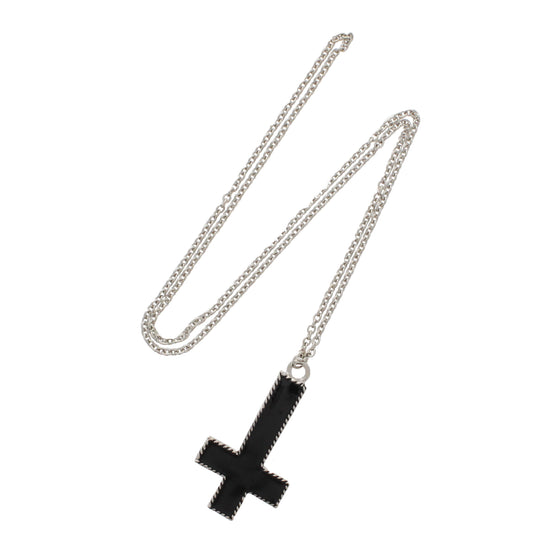 Upside Down Black Cross on Silver Chain Necklace