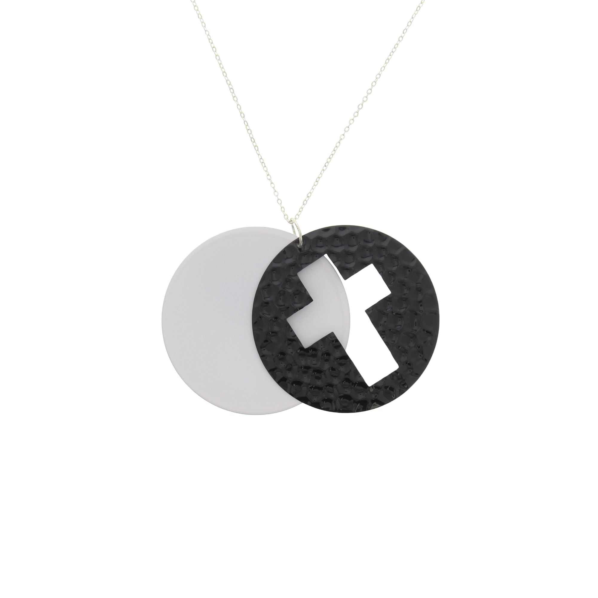 Silver Necklace With Black & White Disc Cross Pendant