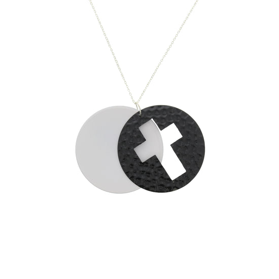 Silver Necklace With Black & White Disc Cross Pendant
