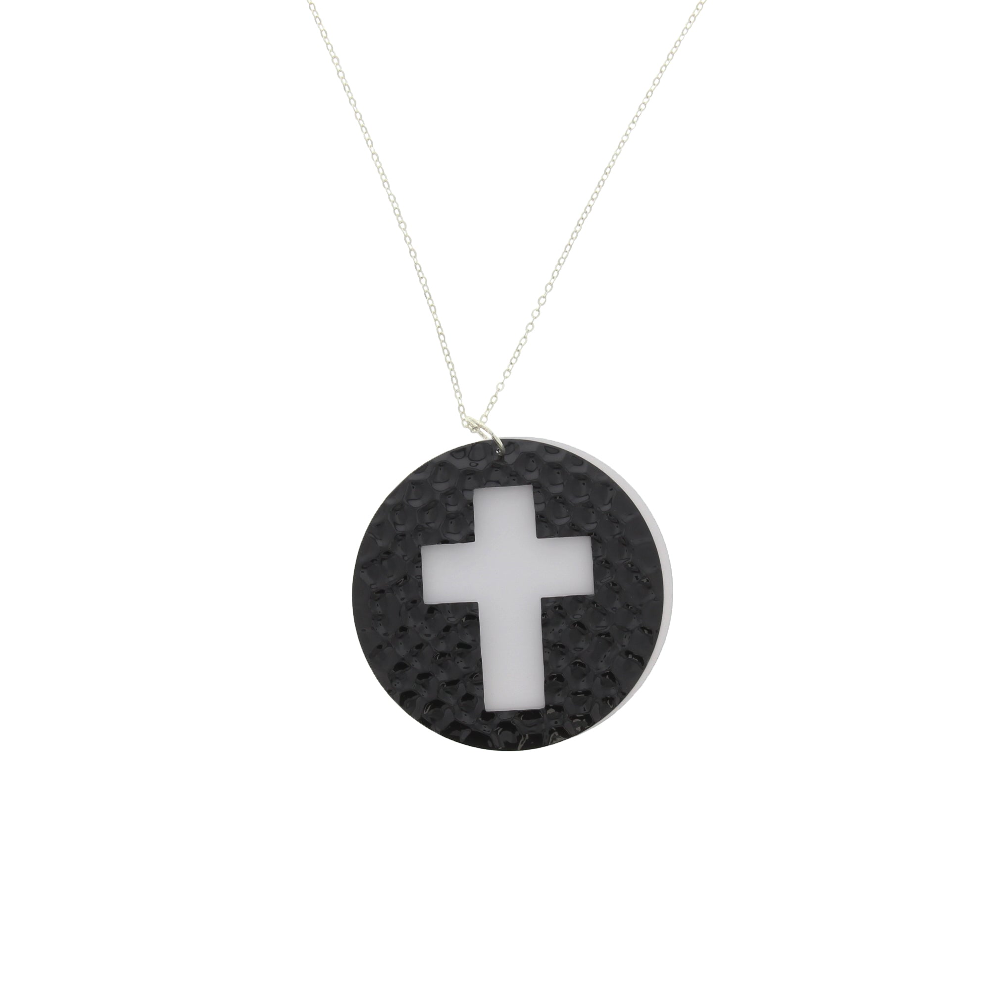 Silver Necklace With Black & White Disc Cross Pendant