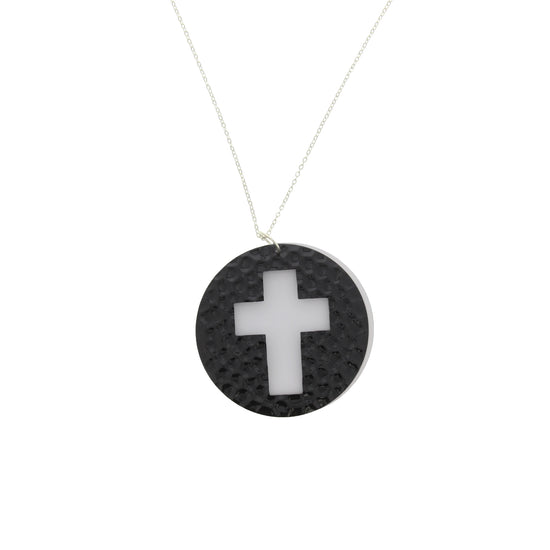 Silver Necklace With Black & White Disc Cross Pendant