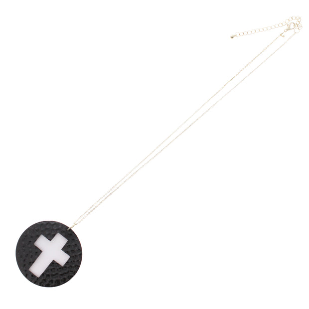 Black & White Disc Cross Pendant on 66cm Silver Chain Necklace (6cm Pendant)