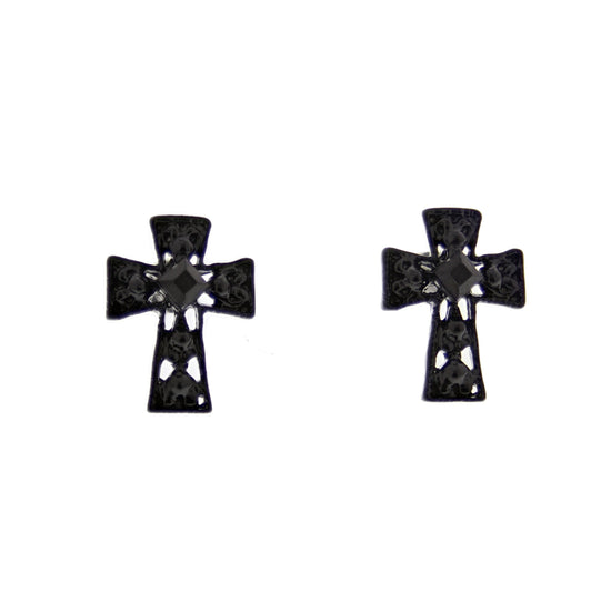 Small Black Cross Stud Earrings with Stones