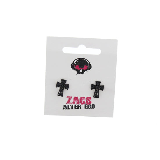 Small Black Cross Stud Earrings with Stones