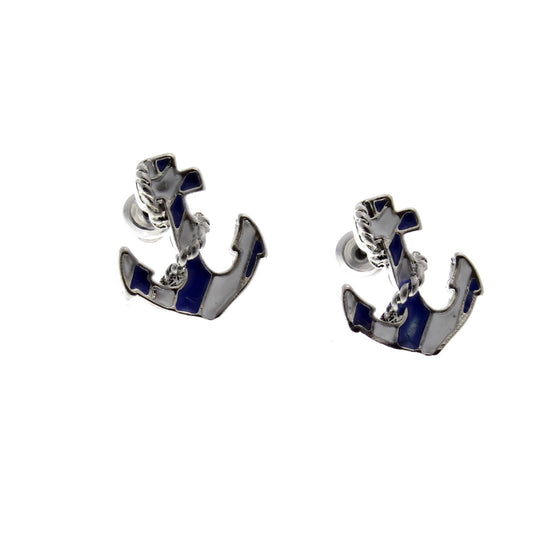 Navy Blue & White Anchor Stud Earrings