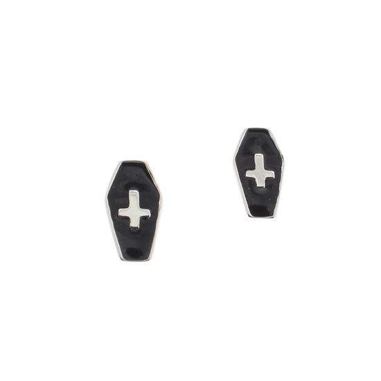 Upside Down Cross Inside Black Coffin Stud Earrings