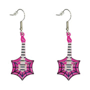 Neon Pink Cobweb Shaped Guitar Earrings