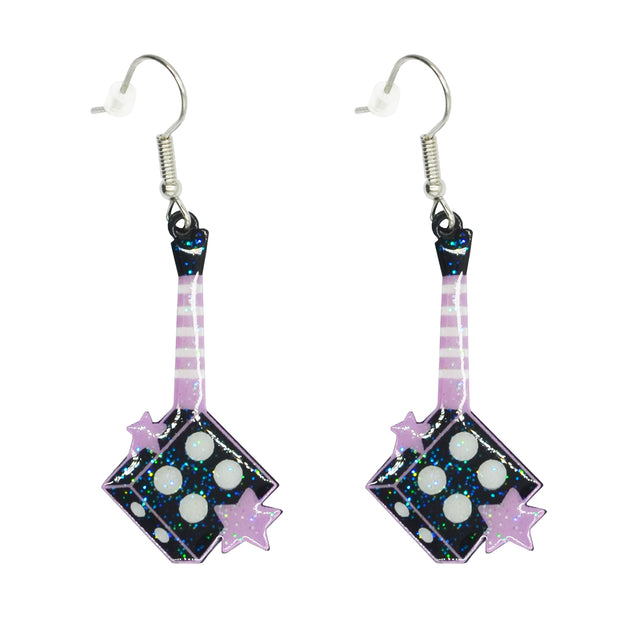 Black & Lilac Glitter Dice Shaped Guitar Earrings with Stars