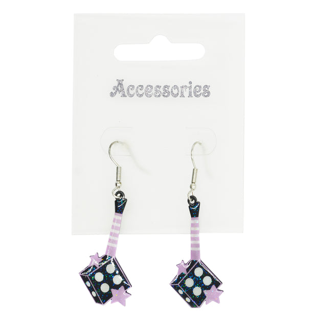 Black & Lilac Glitter Dice Shaped Guitar Earrings with Stars