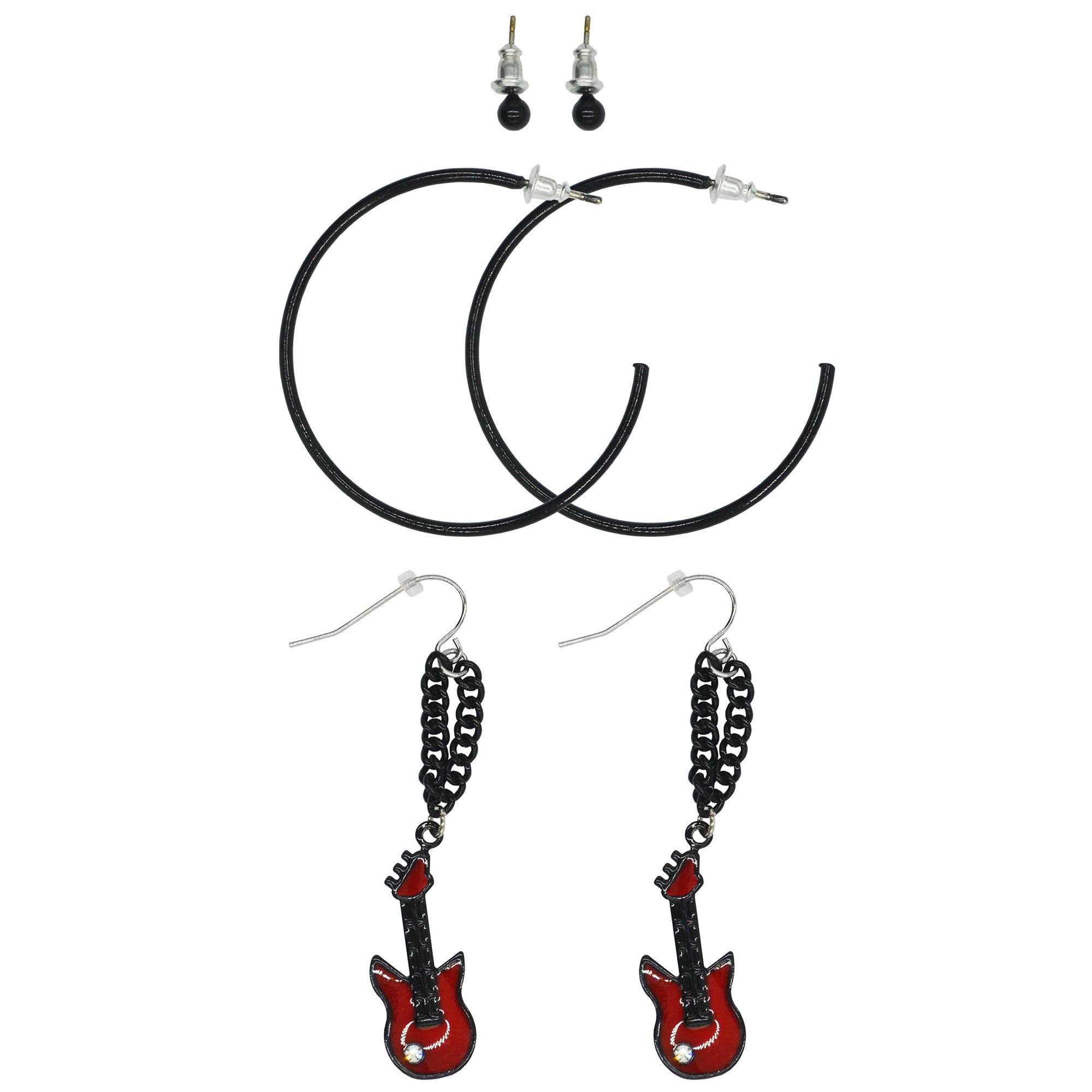 Black Ball Studs, Black Hoop & Chain Drop Electric Guitar