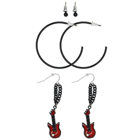 Black Ball Studs, Black Hoop & Chain Drop Electric Guitar