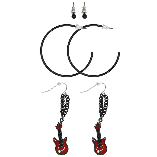 Black Ball Studs, Black Hoop & Chain Drop Electric Guitar with Diamante Stone Earrings on a Card