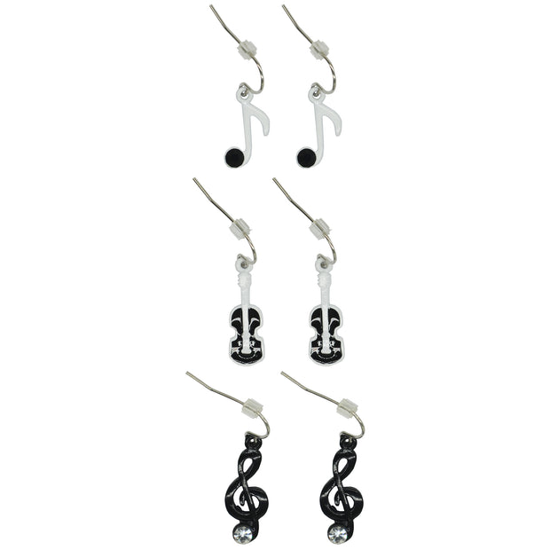 Musical Note with Jet Stone, Treble Clef with Diamante Stone & Violin Earrings on a Card