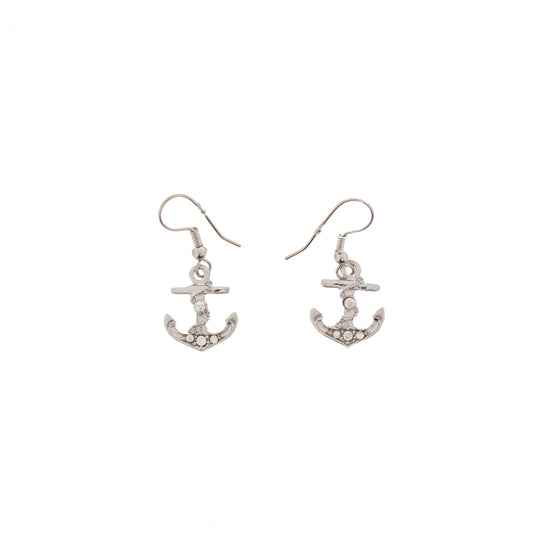 Silver Diamante Encrusted Anchor Earrings with Rope