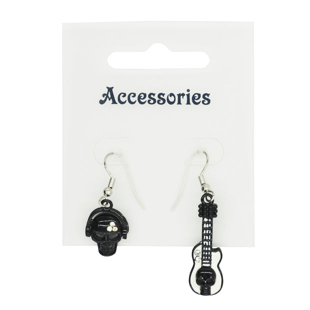 Diamante Stone Skull with Headphones & Diamante Stone Guitar with Skull Earrings